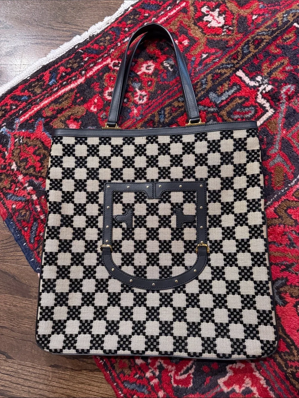 Furla Fortezza Checkered Tote with Leather Trim
